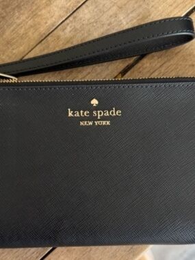 kate spade Black Saffiano Zip Wristlet with Gold Logo
